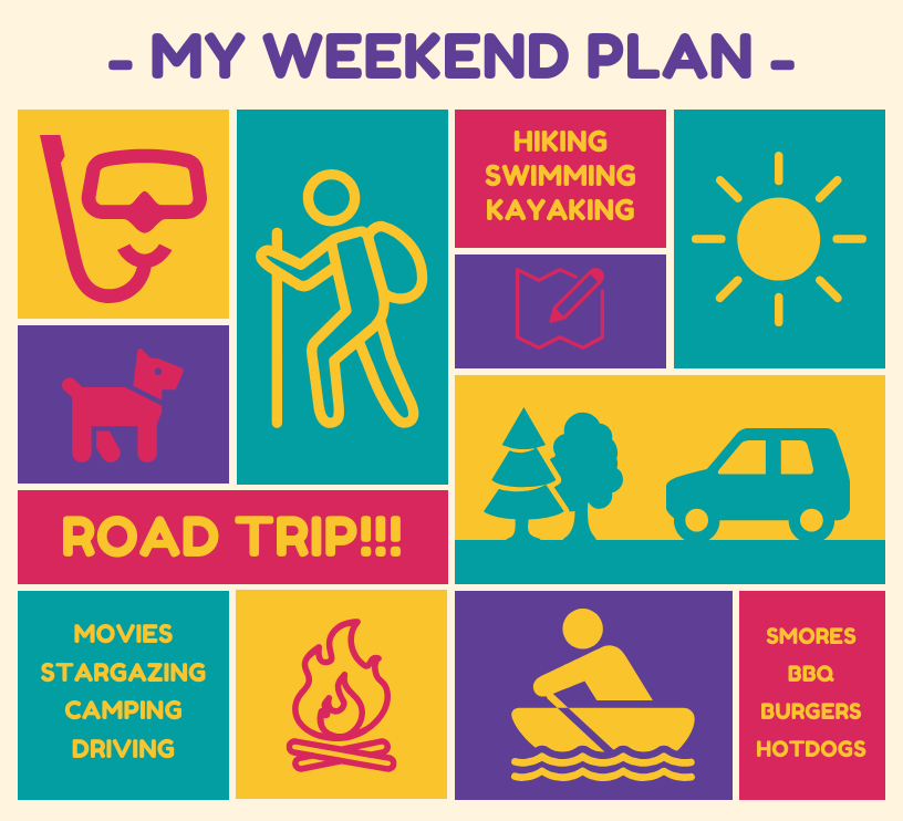 Illustration of a weekend activity planning board with scheduled leisure blocks